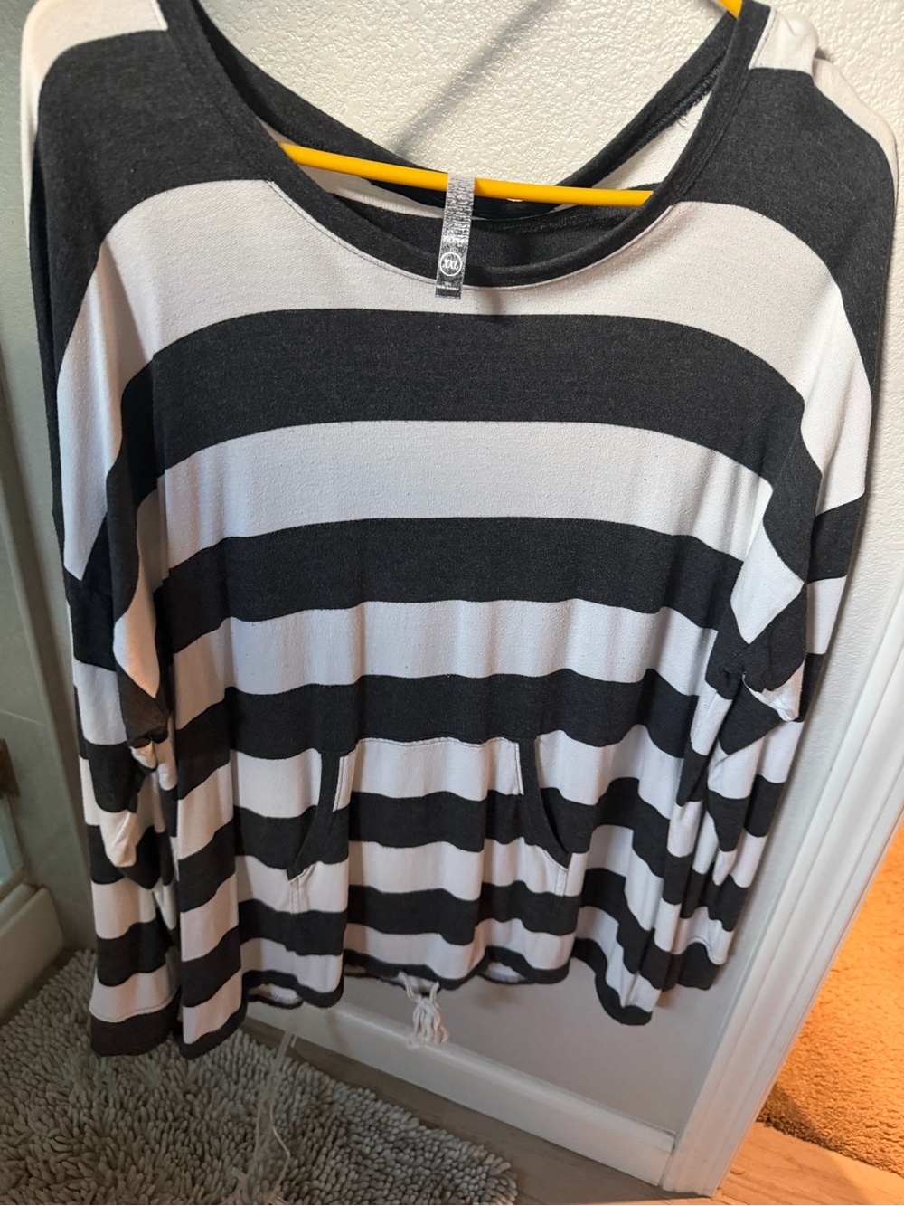 Lightweight Black and White Striped Tunic with Drawstring Hem -Womens XXL